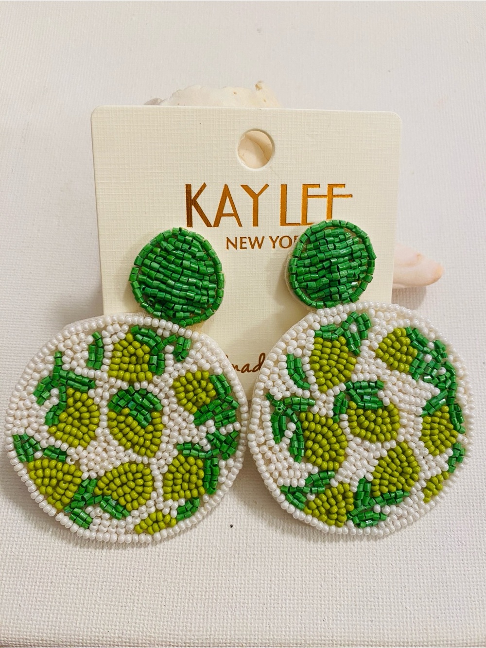 Kay Lee Green & White Beaded Floral Circle Drop Earrings
